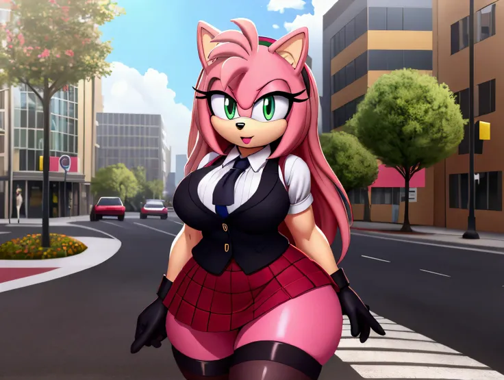 amy rose , green eyes,schoolgirl vest, ribbon with flowers on her head, long hair ,,schoolgirl skirt, black stockings with strap...