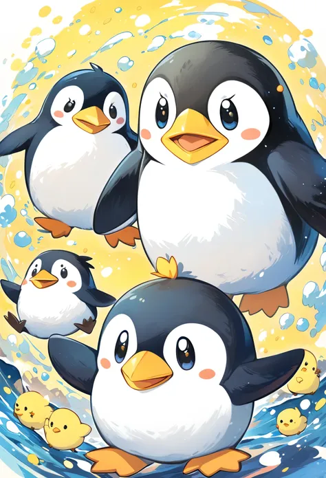  Thin and Soft Painting Style、 Mascot Characters 、Chick penguin 、 a creature that combines chicks and penguins