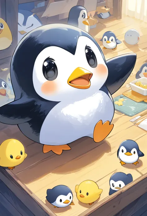 (Excellent: 1.2), (Very absurd: 1.2), (High quality), Thin and Soft Painting Style、 Mascot Characters 、Chick penguin 、 a creature that combines chicks and penguins