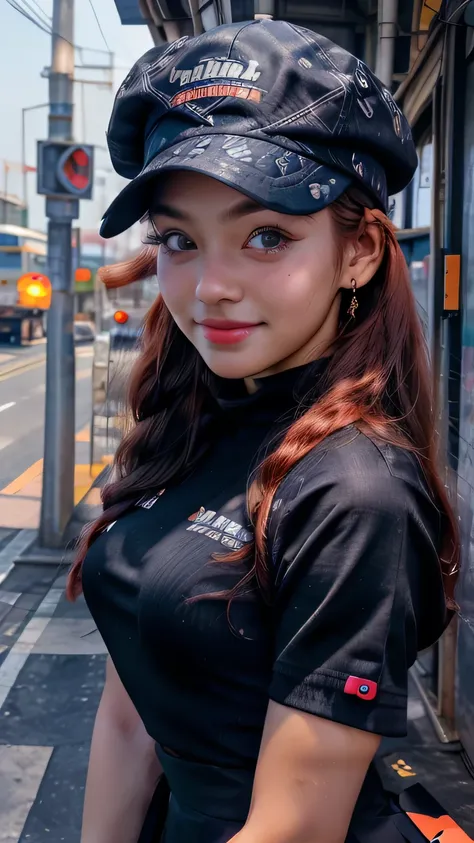 1 woman、solo、Redhead、 dark eyes、 twin tails、Employee uniforms、 pencil skirt、Stand in front of a skull-patterned 、Navy hat、Orange Sky、、Outdoor、station、 bus、、、((( upper body portrait )))、 upper body portrait 、smile、 dynamic pose､