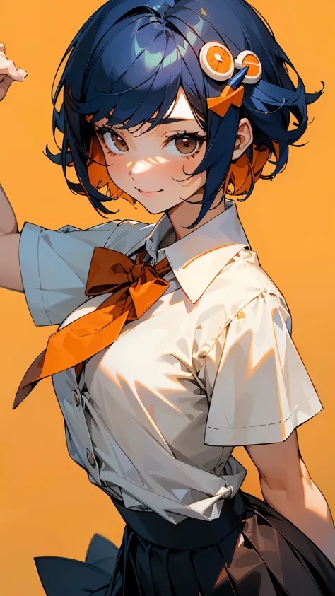 woman、(( dark blue hair 、 short hair、 jet black brown eyes 、 orange hair ornament ))、bow ribbon 、Girl posing for a photo in a white blouse shirt 、 pleated skirt 、High School Uniform、 upper body closeup、smile、 simple background