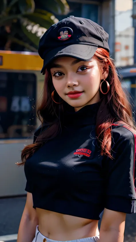 1 woman、solo、Redhead、 dark eyes、 twin tails、Employee uniforms、 pencil skirt、Stand in front of a skull-patterned 、Navy hat、Orange Sky、、Outdoor、station、 bus、、、((( upper body portrait )))、 upper body portrait 、smile、(( dynamic pose))､