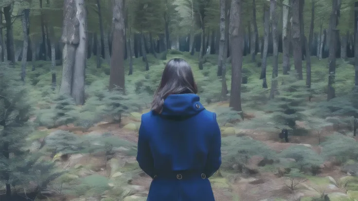 arafed woman in a blue coat standing in a forest, standing in a forest, stood in a forest, woman in a dark forest, girl walking ...