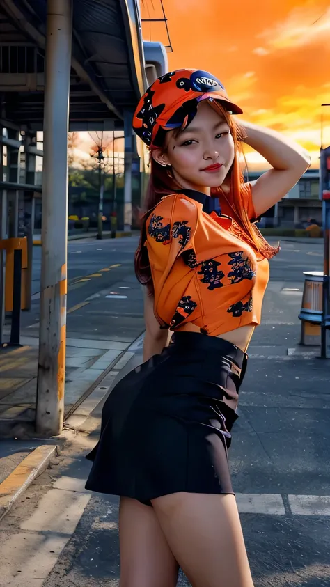 1 woman、solo、Redhead、 dark eyes、 twin tails、Employee uniforms、 pencil skirt、Stand in front of a skull-patterned 、Navy hat、Orange Sky、、Outdoor、station、 bus、、、((( upper body portrait )))、 upper body portrait 、smile、 dynamic pose､