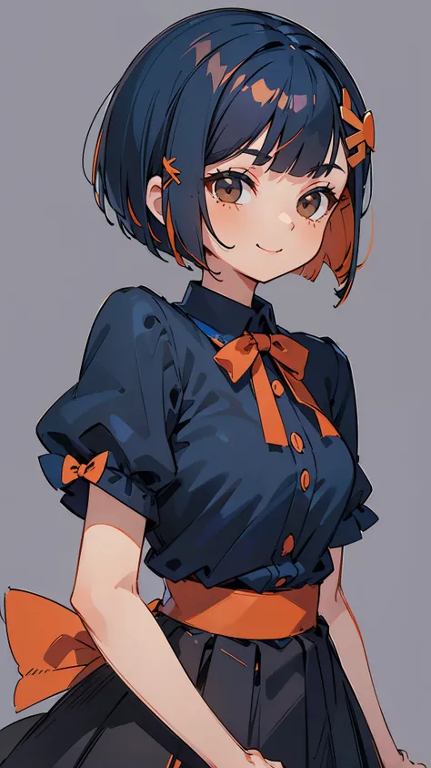 woman、(( dark blue hair 、 bob cut、 jet black brown eyes 、 orange hair ornament ))、bow ribbon 、black blouse shirt、 pleated skirt 、 upper body closeup、smile、 simple background