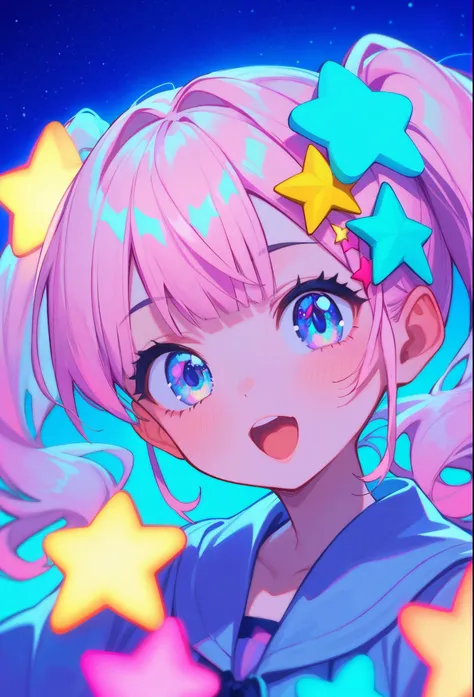   portrait of Virtual Idol, pastel colors, open mouth, long hair, star , (symbol), star hair ornament, hair ornament, twintails, looking at viewer, blue eyes, pastel neon lighting, source_anime, neon, neon theme, On a stage set up above a huge city, a 3D p...