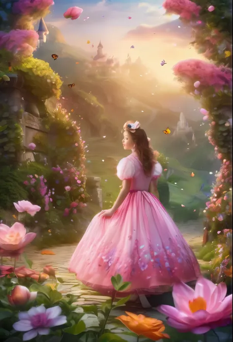 (Best Quality,4K,8k, Hi-Res,masterpiece:1.2),Super detailed,(Realistic,photoRealistic,photo-Realistic:1.37), Watercolor ,Enchanting fairy-tale worlds, 1 girl, pink dress,Beauty,Alice in Wonderland, Colorful Flowers ,butterfly々Dance,Soft and delicate color ...