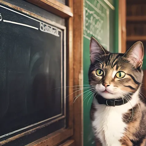 masterpiece, best quality, ultra-detailed, realistic, (photogenic:1.3),(cat:1.3),(written blackboard:1.4)