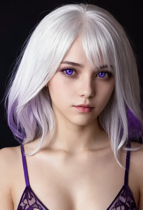 realisitic, 1 girl, White hair, purples eyes, glare eyes, top cut, and I raised her without clothes