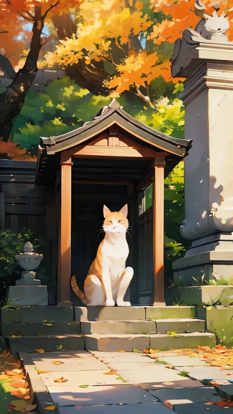 A cute stray cat 、 sitting in the middle of a stone step、Shrine stone steps、 on a clear autumn day 、8k、Best Quality、High image quality、masterpiece、wallpaper、