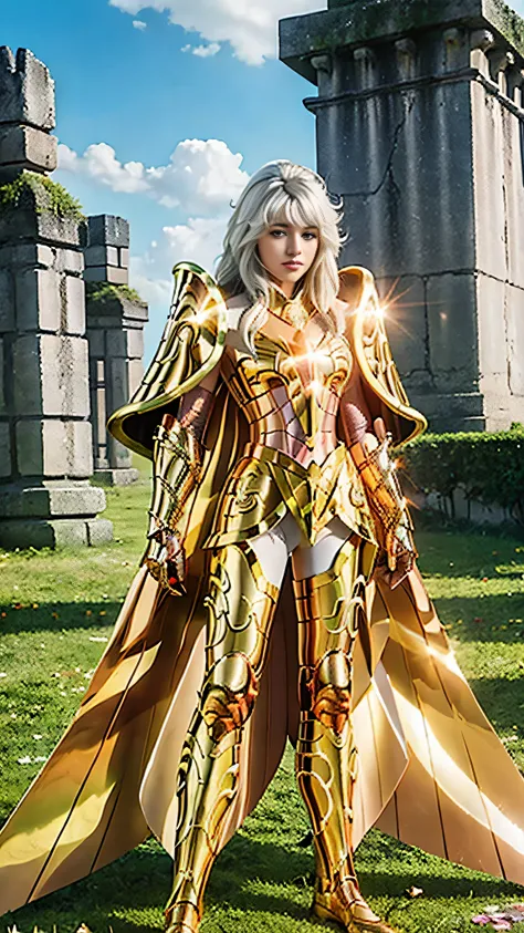 ultra high saturation（masterpiece）， full body photo，（the best quality）， （1 girl），white hair,  wearing a shiny golden armorsexy l...