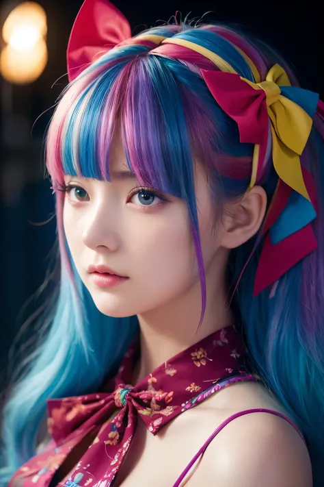  colorful hair ,  hair bow,  surrealism ,  Movie Lighting, close-up,  super high definition,   high detail , masterpiece  