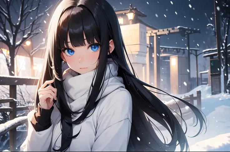 A girl with a gentle impression, (soft smile: 1.5), (long black hair, trimmed bangs, Hairstyle called Hime cut: 1.5), BREAK, white skin, BREAK, deep blue eyes, wear a scarf, winter clothes, blush, come closer, its snowing, night, detailed face, detailed ey...