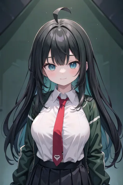 Junior high school student who looks like an elementary school student, , very short, 140 cm tall, black hair with a slight green tinge, short ahoge, beautiful long hair but with a little hair sticking out, beautiful round eyes, blue eyes, smile, boyish, l...