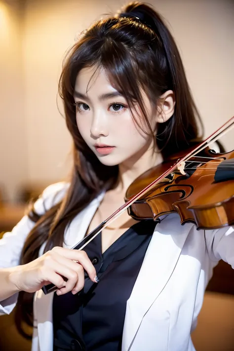 1 girl, long hair, wearing brown jacket, looking in the front, white shirt with tie, playing violin