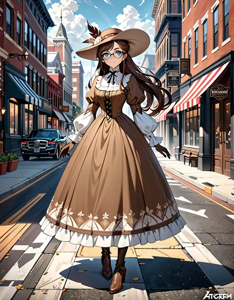 A full body shot of a woman in a brown 1850s style dress and hat, glasses, (standing on a sidewalk in an American city in the present day), brown hair, long hair, ponytail hair, bangs, light blue eyes, stunning character art, fanart best artstation, epic e...