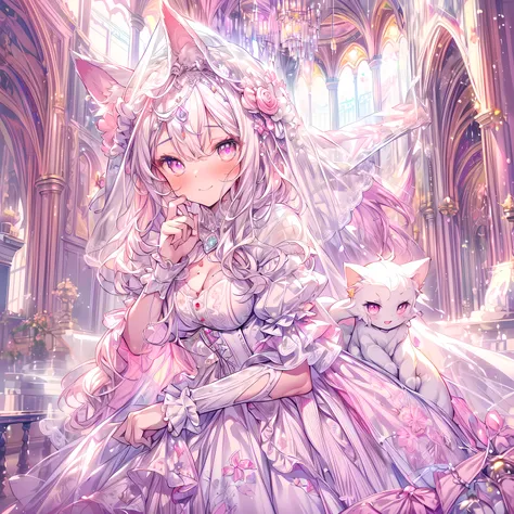 medium-long shot, full-body illustration, full-dress shot, candid portrait, (cat girl, solo:1.5), in love, beautiful gorgeous captivating cute adorable princess, (white cat ears:1.5), (blushing:1.5), nose blush, (pink eyes:1.5) , (((hyper detail delicate b...