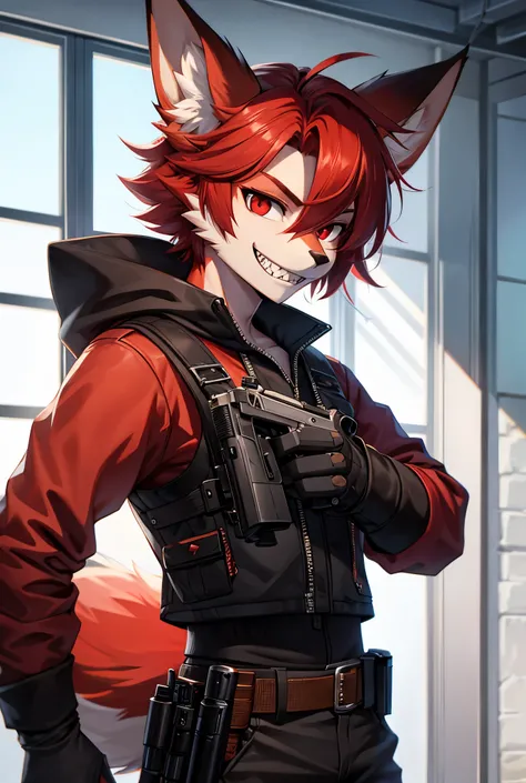 solo,male,Jagged teeth, masterpiece, Best Quality,  red hair, Fox Ears, Red eyes, Character portrait, Food,  viewers, Holding a gun,(Handgun)