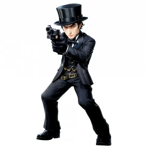 a cartoon of a man in a top hat and suit holding a gun, noir detective and a fedora, inspired by Junpei Satoh, neo noire, official character art, ace attorney style, he is wearing a top hat, sherlock holmes, detective, fedora, detective clothes, jotaro kuj...