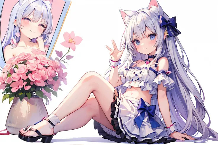 (masterpiece,best quality,ultra-detailed), an anime 16-year-old cute virtual idol, silver white side swept bangs long hair to chest, midnight blue cute round eyes, ragdoll cat ears and tail, wearing a pink and white ruffle crop top and ruffle skirt idol co...