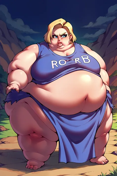 Girl becoming a monster, becoming a troll, fat, chubby, obese, fabric clothes, loincloth , 1girl, android 18, blonde hair, blue eyes, eyelashes, hoop earrings, short hair, earrings, big ears, big nose, big lips, 900 pounds, 10 ft tall, hunchback, broad sho...