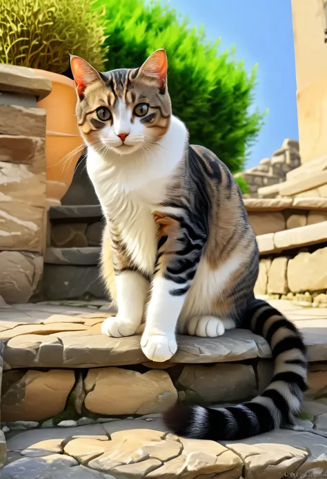 (((best quality))),(((ultra detailed))),(((masterpiece))),illustration,1 cat on the stone step