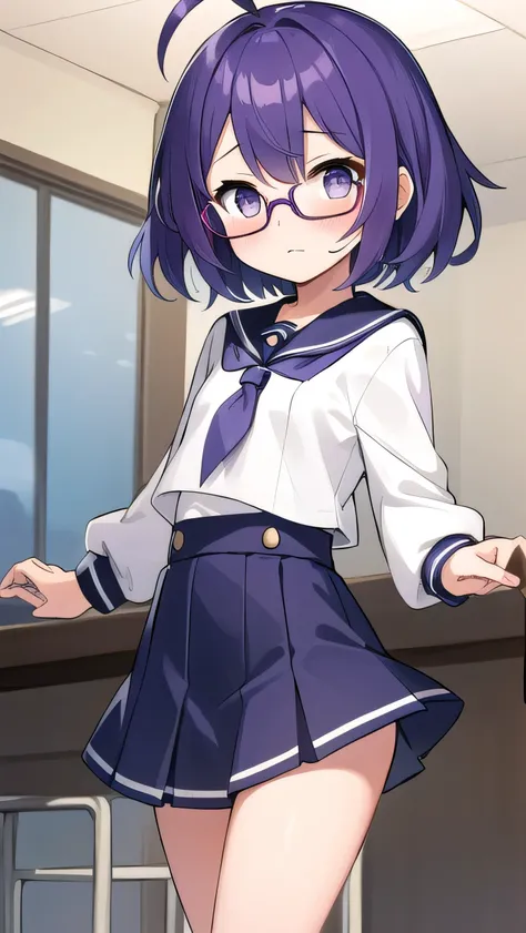 (Purple hair:1.4), gray eyes , elementary school student, white , navy blue miniskirt, , cute clothes,, short, short long hair, kind expression, shy, , , slightly exposed. hair,(flipped hair ), flipped hair, long sleeves, ahoge, girl alone, flipped hair, f...