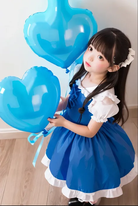 a girl, ((she is blowing blue balloons)) , real photo, (((full body))), (looking down at me), long hair, 姫カット princess hair, (lolita dress),