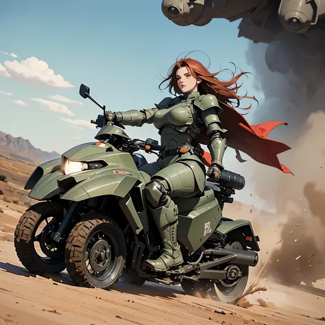 nsfw, very wide shot, anime screencap, 16k, perfect anatomy proportion body,  action,  dynamic composition with a sense of speed and dynamism , (Ride a heavy armored off-road military motorcycle with a cannon:1.6), wife, 40age, perfect beautiful delicate s...