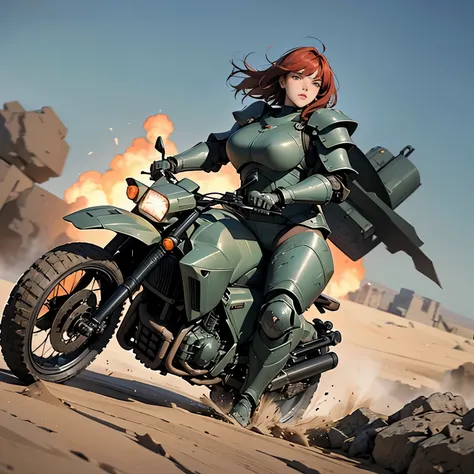 nsfw, very wide shot, anime screencap, 16k, perfect anatomy proportion body,  action,  dynamic composition with a sense of speed and dynamism , (Ride a heavy armored off-road military motorcycle with a cannon:1.6), wife, 40age, perfect beautiful delicate s...