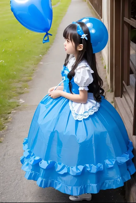 a girl, ((she is blowing blue balloons)) , real photo, (((full body))), (looking down at me), long hair, 姫カット princess hair, (lolita dress),