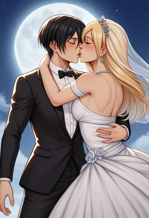 score_9, score_8_up, score_7_up, BREAK source_anime, historia reiss, blue eyes, blonde hair, long hair, medium breasts,Historia  beautiful wedding dress white,female black hair soldier with historia,Mikasa with historia are married ,mikasa wreanig black tu...