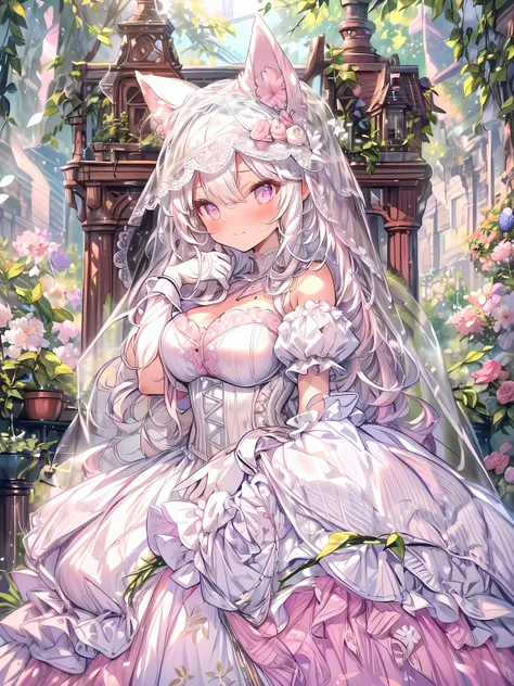 medium-long shot, full-body illustration, full-dress shot, candid portrait, (cat girl, solo:1.5), in love, beautiful gorgeous captivating cute adorable princess, (white cat ears:1.5), (blushing:1.5), nose blush, (pink eyes:1.5) , (((hyper detail delicate b...