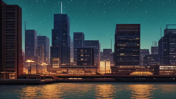 modern dense city skyline, multiple skyscrapers and office buildings, pixel world, night time