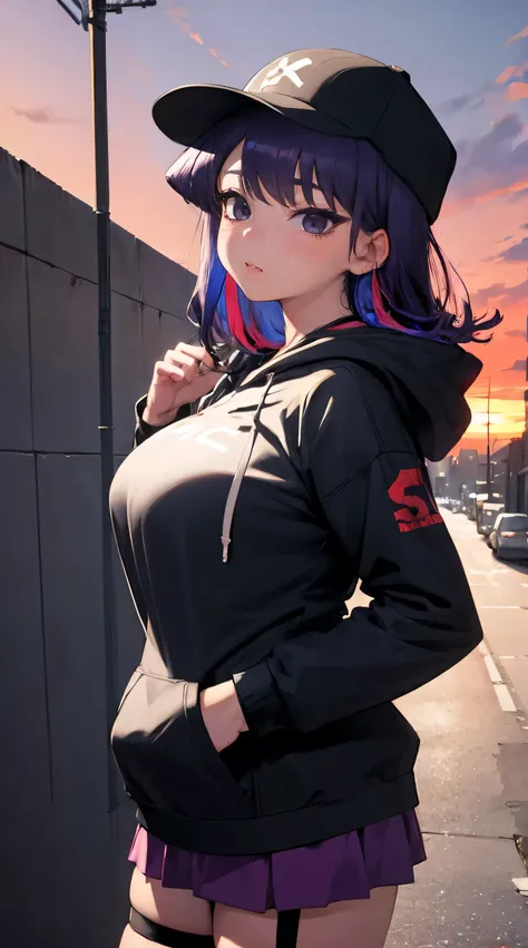 Komi Shouko, masterpiece, Best quality, 1 girl, 18 years, Big breasts, purple hair, multicolored hair, one side up, long hair, purple eyes, earrings, hood, hoodie, hood down, long sleeves, white hoodie, hat, baseball cap, white panties, (street city backgr...