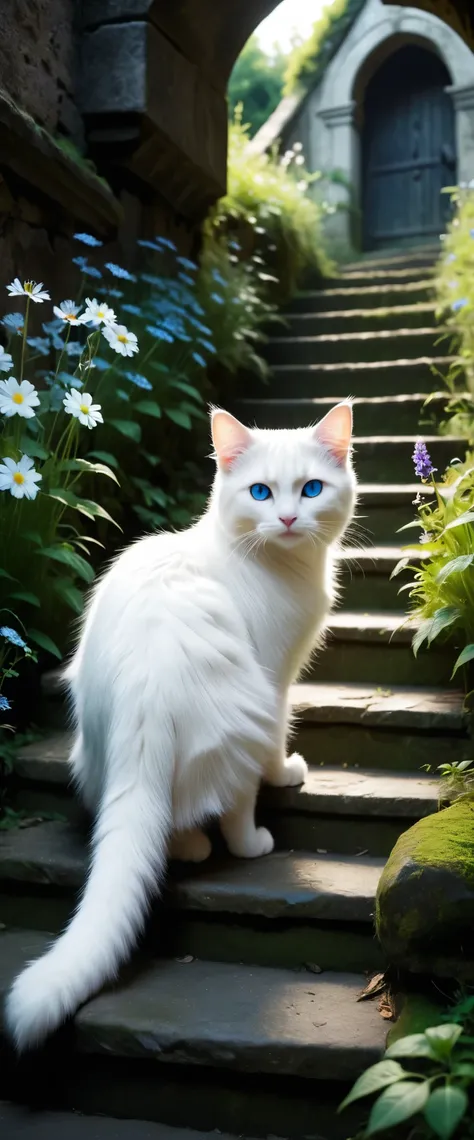 general plan ,  a little far away the photograph , it&#39;s night time,  deep darkness beautiful pompous white furry cat ,  cyan...