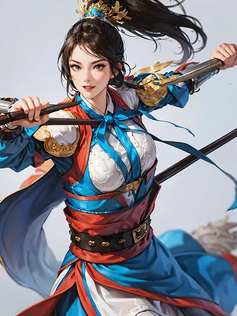 (no background:1.4), (cowboy shot), best quality, masterpiece, Solo, detailed beautiful girl, ancient Chinese armor, large breasts, silver armor, white cloth, medium hair, black hair, fascinator, smile, cheerful, holding sword
