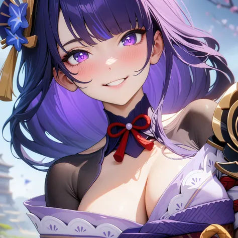 (Best Quality,4K,8k,  High Definition,masterpiece:1.2),  1 girl,Purple Hair,  purple eyes,  detail eyes , Genshin Raiden Shogun, Super detailed,   perfect face, Magnificent eyes, Cheerful, smile,   Digital Art  , sexy,