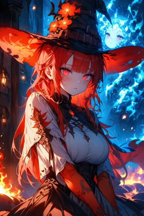 (masterpiece), (((award winning art))), (((highly detailed))), (high fantasy setting), 1girl, solo, young witch girl, cute witch dress with adorable flower decals, ((witch of fire)), slightly pouted lips, cute expression, big breasts size, red hair color, ...