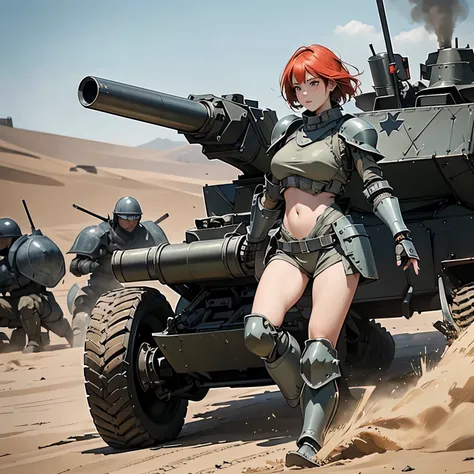 nsfw, very long shot, anime screencap, 16k, perfect anatomy proportion body,  action,  dynamic composition with a sense of speed and dynamism , (Ride a heavily armored military buggy equipped with a cannon:1.6), wife, 40age, perfect beautiful delicate sexy...