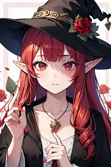 Cute pretty girl wearing a witch hat and robe. Close up face picture. Has red hair and has elf ears. Rose flower background