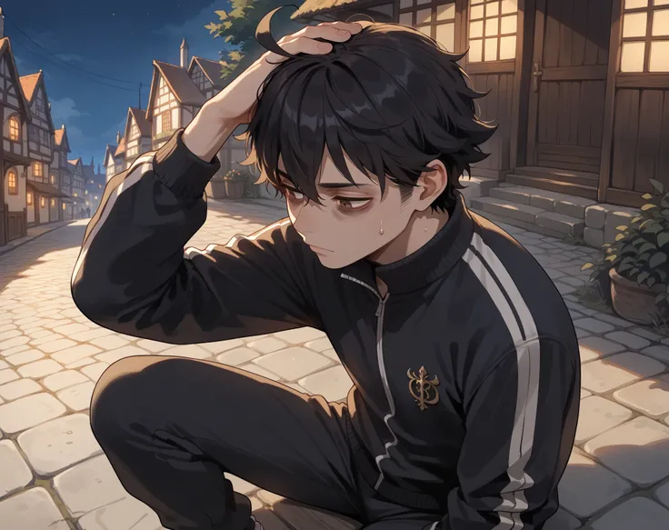 core_9,score_8_up,score_7_up,),score_9,score_8_up,score_7_up, {{artist: nyong_nyong}} {{medieval fantasy, anime, cowboy shot, from above, from side, source_anime, outdoors, cobblestoene, town, colorful, night, vibrant, looking down, scratching head, solo}}...