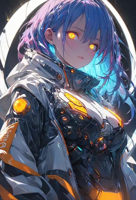 glowing eyes, colourful glowing hair, wearing sci-fi jacket, anime style, high detail, Futurism, glowing light, UHD, retina, masterpiece, ccurate, anatomically correct, textured skin, super detail, high details, high quality, award winning, best quality, h...