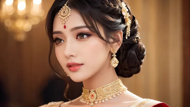 a confident woman attending a marriage party, beautiful detailed eyes, beautiful detailed lips, extremely detailed eyes and face, longeyelashes, elegant dress, fashionable hairstyle, warm lighting, romantic atmosphere, photorealistic, highly detailed, cine...