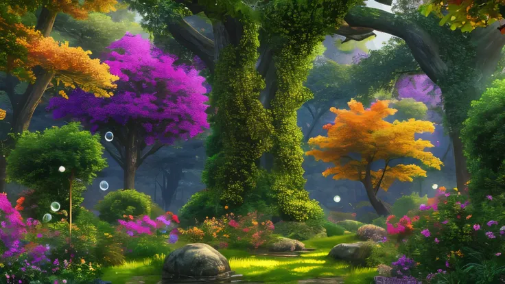 masterpiece, best quality, high quality,extremely detailed CG unity 8k wallpaper of tall trees with bubble leaves, colorful bushes and a lush undergrowth