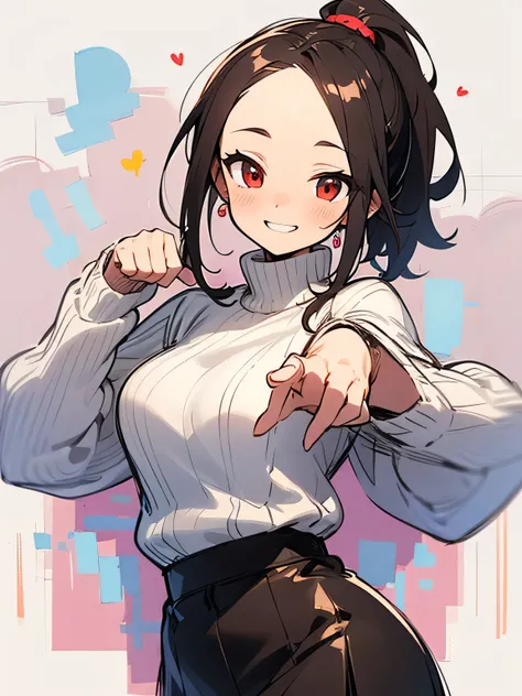 Alone,upperbody,black ponytail,big forehead,red eyes,white sweater,leather brown skirt、good model pose,cute smile,(manga style),(sketch),(illustration),