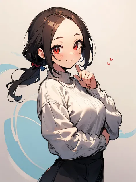 Alone,upperbody,black ponytail,big forehead,red eyes,white sweater,leather brown skirt、good model pose,cute smile,(manga style),(sketch),(illustration),