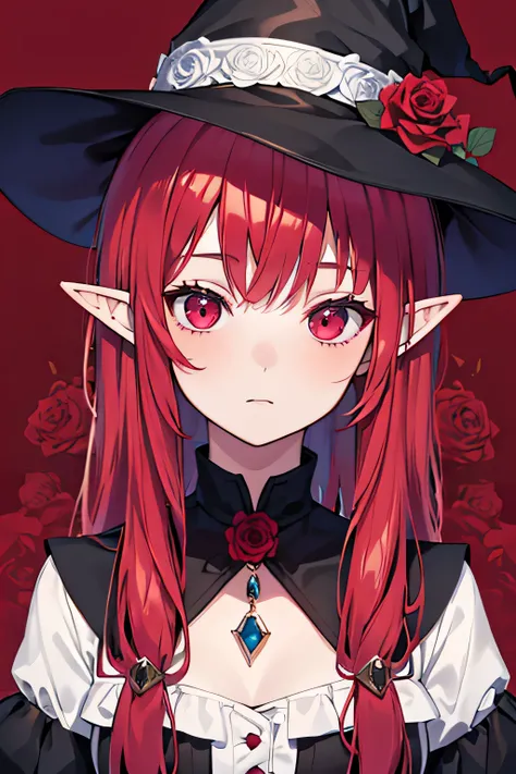 Cute pretty girl wearing a witch hat. Close up face picture only. Pfp style. Has red hair and has elf ears. Maroon background with roses.