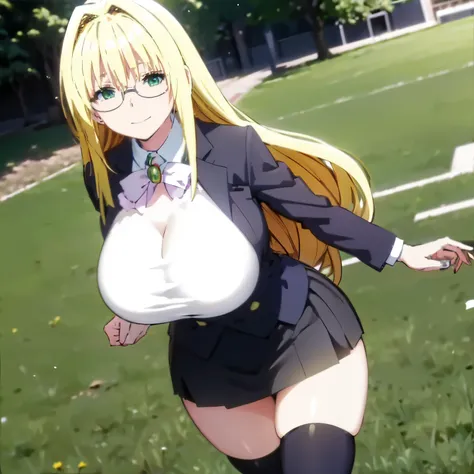 Blonde hair, (((huge  tits)))  , ((office outfit, nectie, glasses)), thick, ((busty)), green eyes,  long hair, upperbody, smile, legs, thigh, flower garden