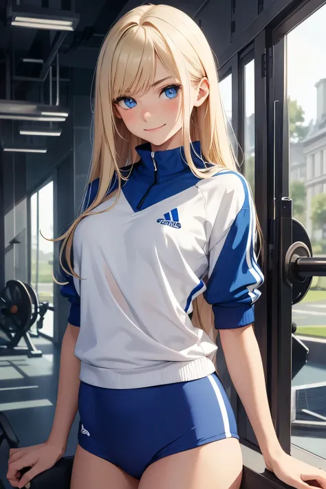 masterpiece, best quality, 1girl, French ethnicity, blue eyes, teenage French spy, blonde, hair, long hair, blonde hair, solo, wearing blue athletic wear, blue athletic wear, closed clothing, smile, closed mouth, flowing hair, gym setting